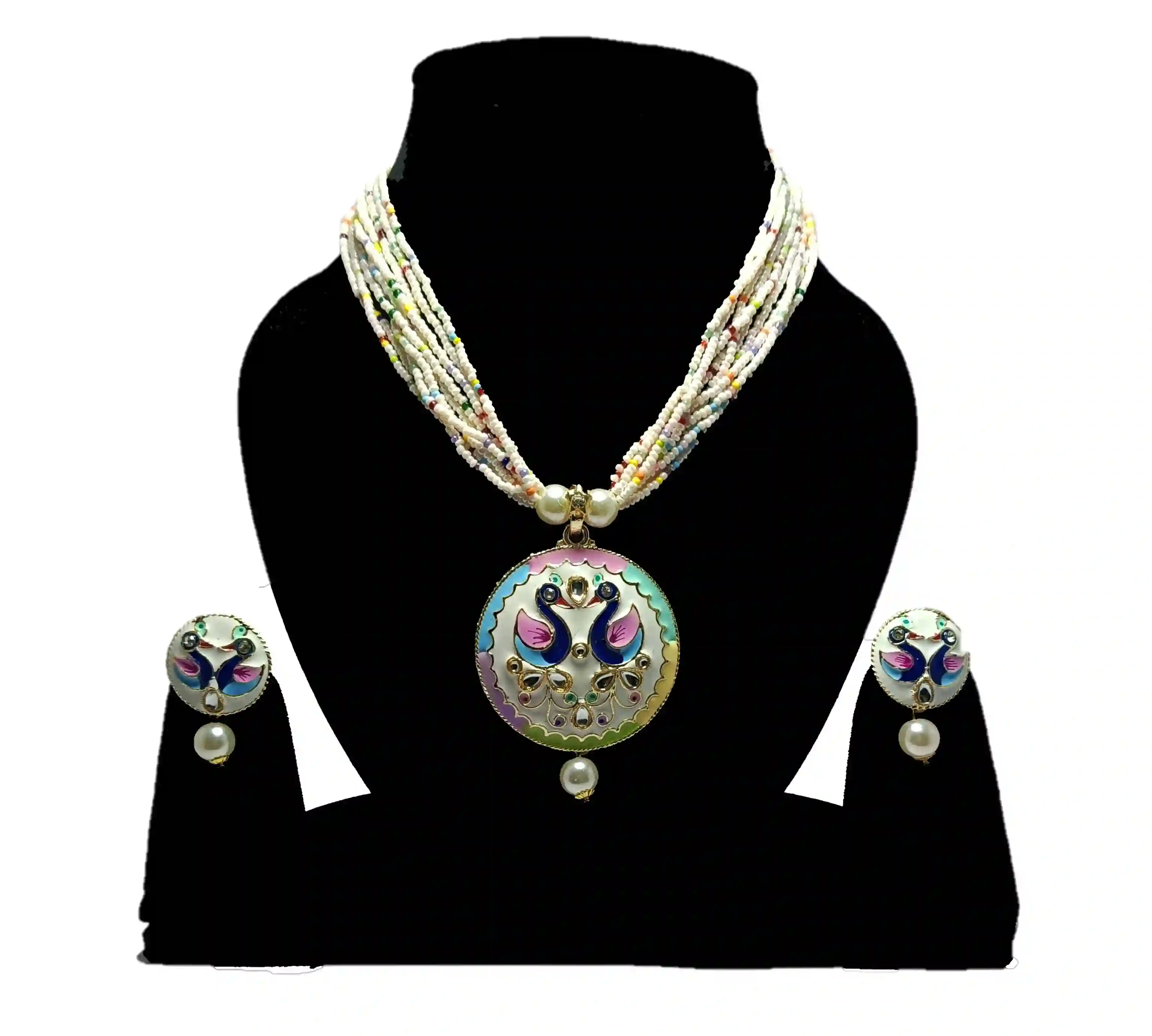 Peacock Enamel Multicolor Beaded Necklace Set
